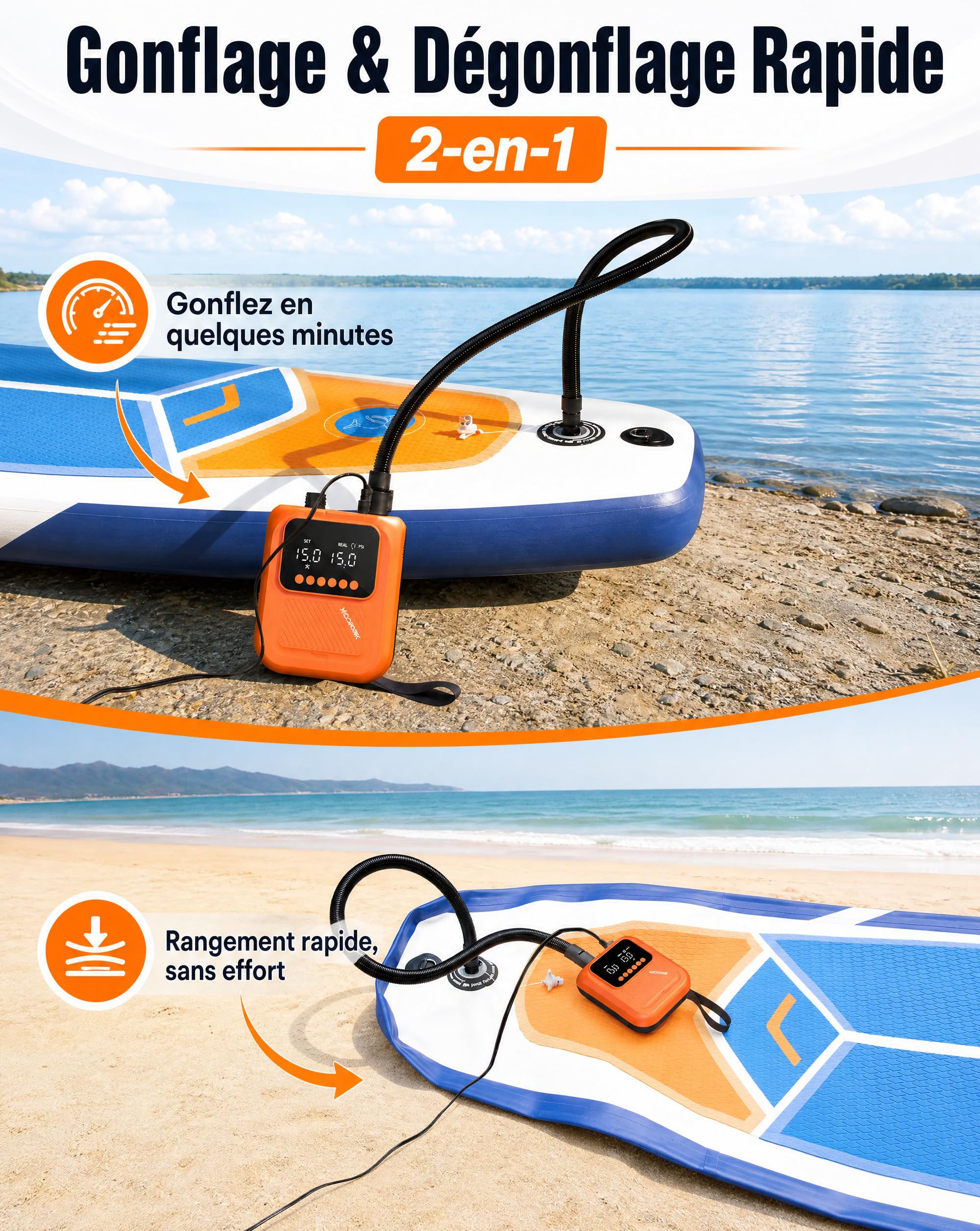 Pompe Électrique Sup 20 PSI, Alimenté par 12V DC de Voiture, Arrêt Automatique et Double Écran Numérique, Gonfleur/Dégonfleur Électrique avec 7 Embouts pour Paddle, Kayak, Matelas et Tente