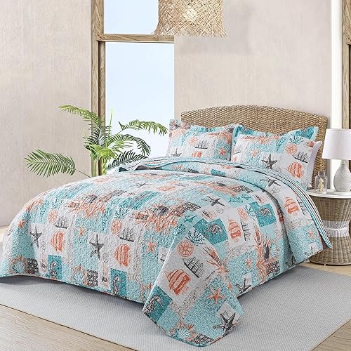 Vista 91 de NEWLAKE Juego de colcha de algodón, juego de colcha reversible de retazos, estampado real clásico turquesa, tamaño Queen Turquesa Clásico