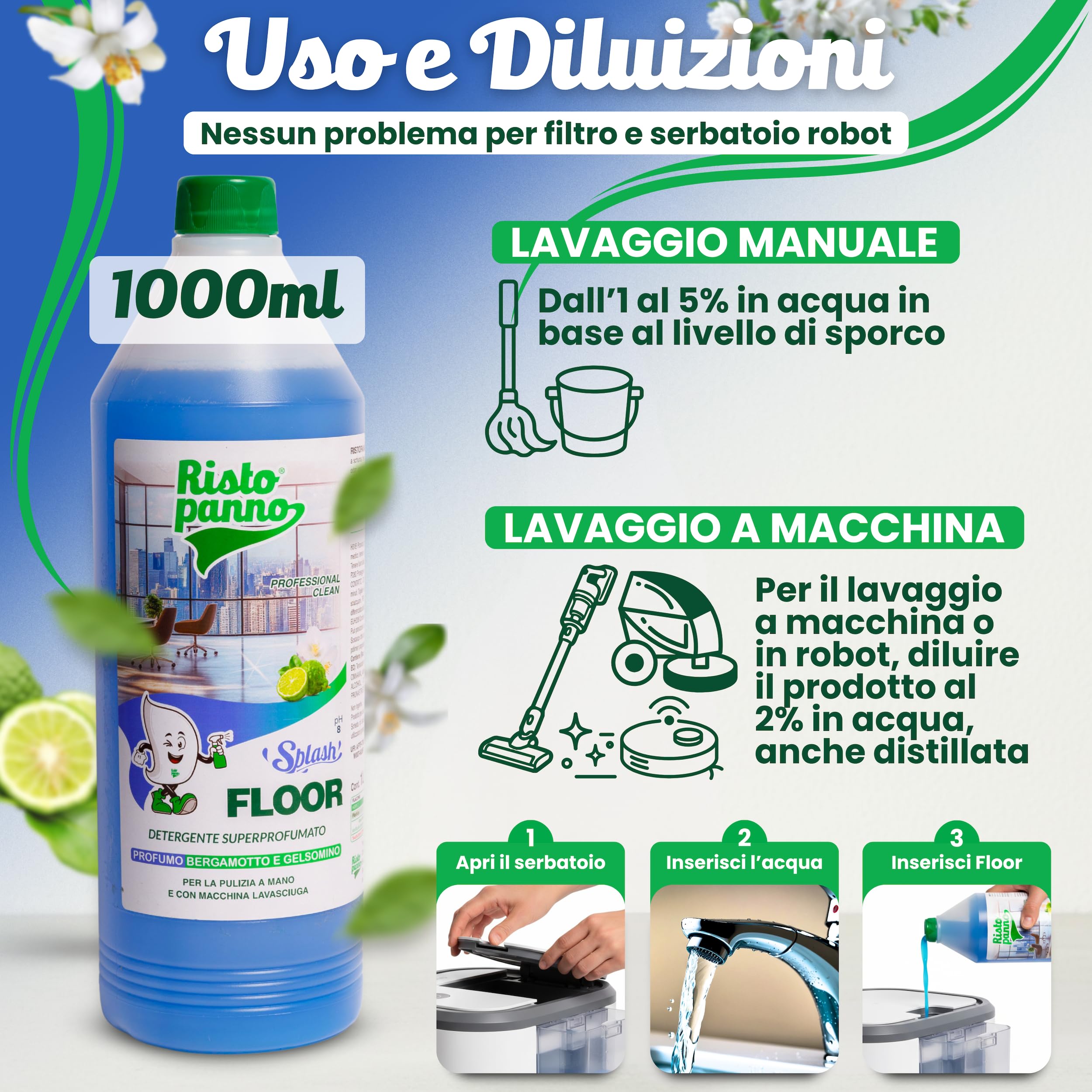 3PZ x 1L Lavapavimenti Professionale Super Profumato | Senza Risciacquo - Bergamotto e Gelsomino - Detergente Pavimenti Manuale o Macchina - Prodotti Pulizia SPLASH FLOOR