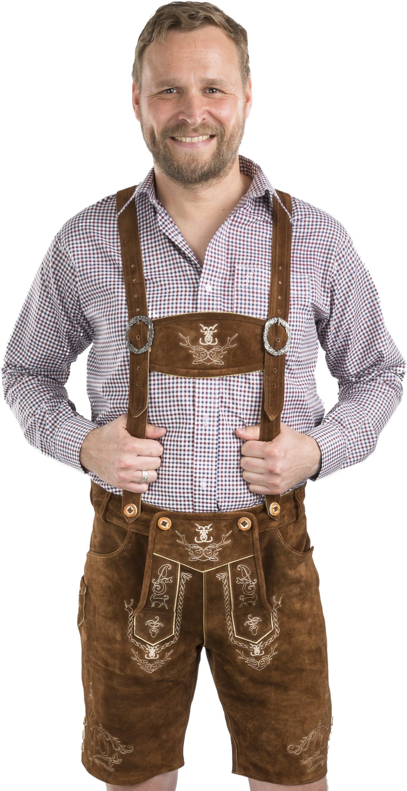 Men's Traditional Trachten Lederhosen Short – German Bavarian Leather Trouser – Alpenjäger Trachtenlederhose Brown