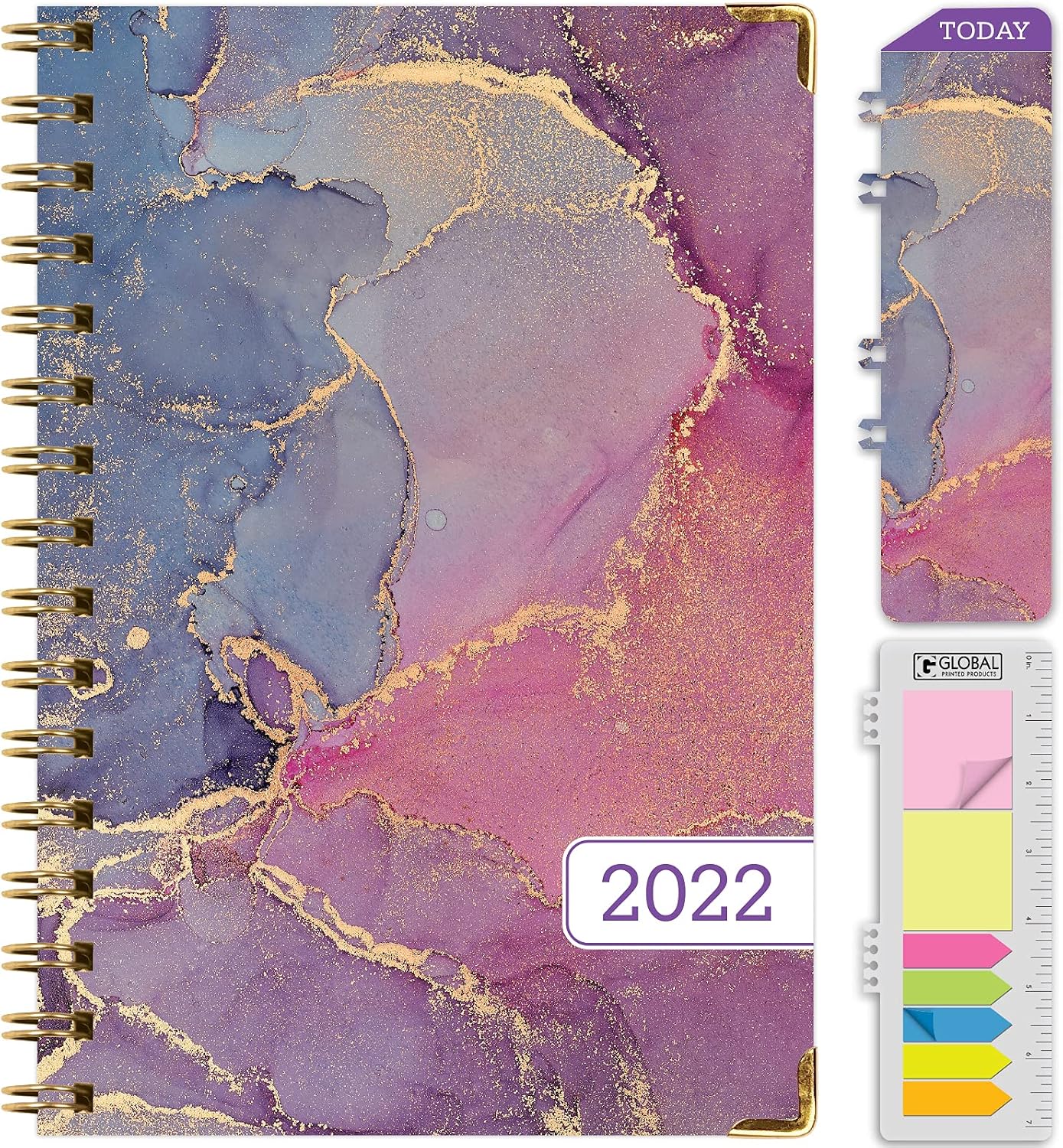 HARDCOVER 2022 Planner: (November 2021 Through December 2022) 5.5"x8" Daily Weekly Monthly Planner Yearly Agenda. Bookmark, Pocket Folder and Sticky Note Set ((Pink Purple Marble)