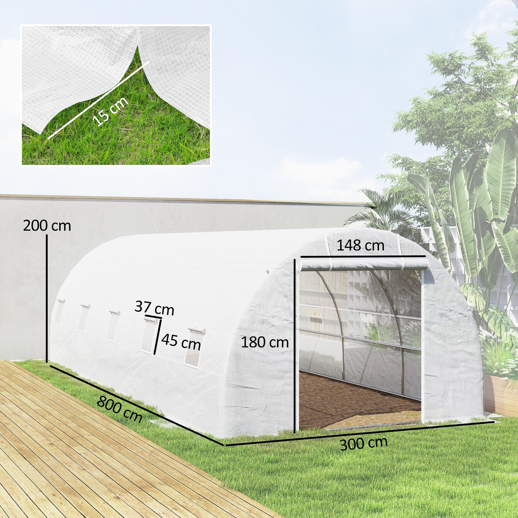 Outsunny Serra da Giardino a Tunnel 8x3x2 m con Porte Avvolgibili e 12 Finestre, Serra per Orto con 4 Rinforzi Diagonali, Struttura in Acciaio e Copertura PE, per Orto Verdure Fiori Frutta, Bianco