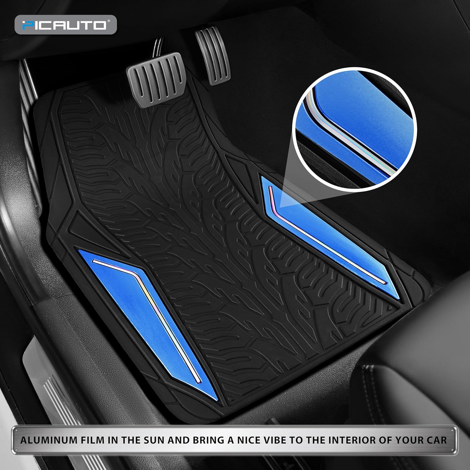 PIC AUTO Rubber Floor Mats, Blue Aluminum Film with Colorful Piping Floor Mats for Cars, Car Mats with Non-Slip Backing, All-Weather Protection, Trim-to-Fit Liner for Cars, SUVs, Trucks, Vehicles - Image 3