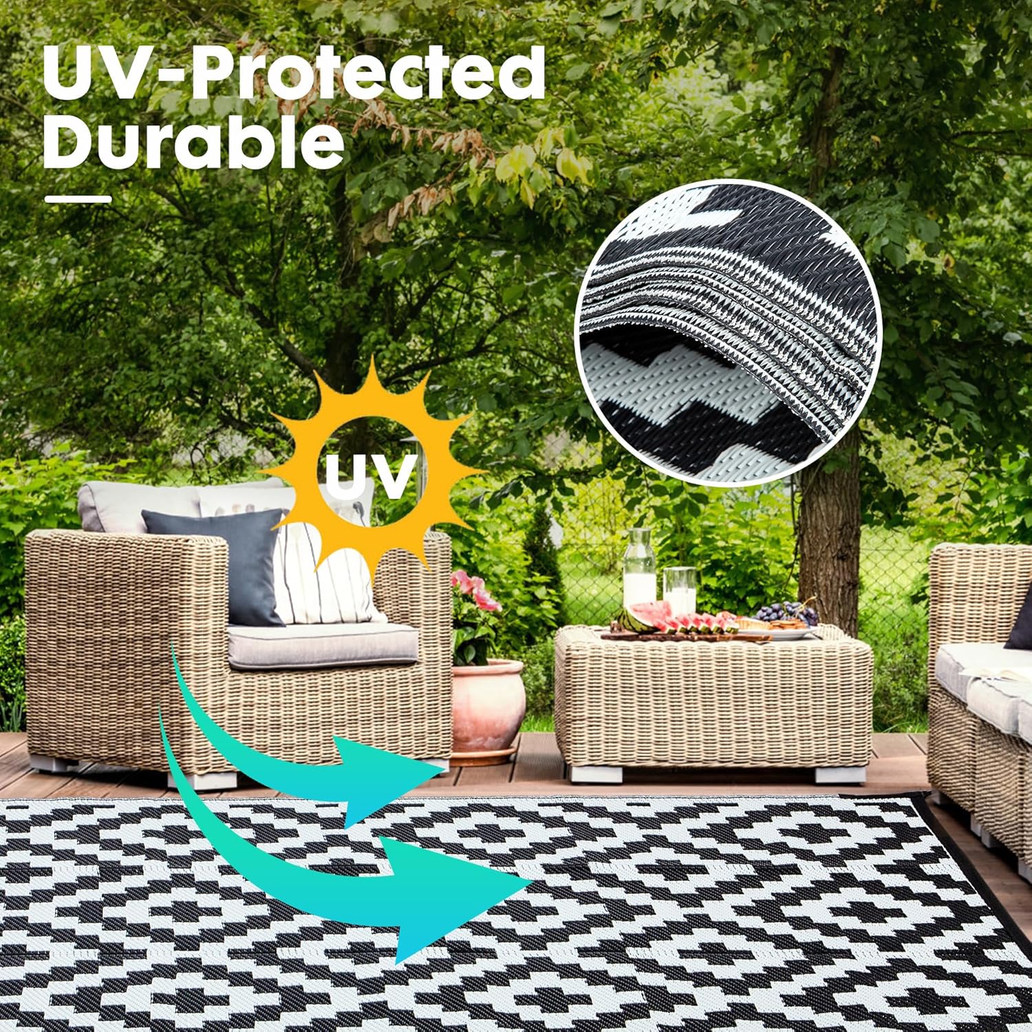 HERMOCE Waterproof Outdoor Rug 5x8 ft, Plastic Straw Patio Rugs Reversible, Patio Decor for Deck, Backyard, RV, Camping - Easy Clean Fade Resistant, Black & White