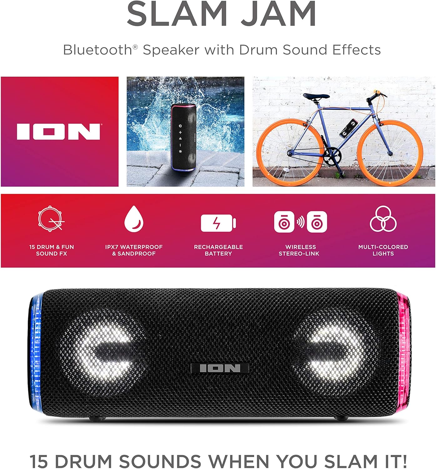 ION Audio Slam Jam-IPX7 Waterproof Bluetooth Speaker with Microphone, Rechargeable Battery, 15 Drum Sounds, Aux Input and USB Charge Port - Image 8