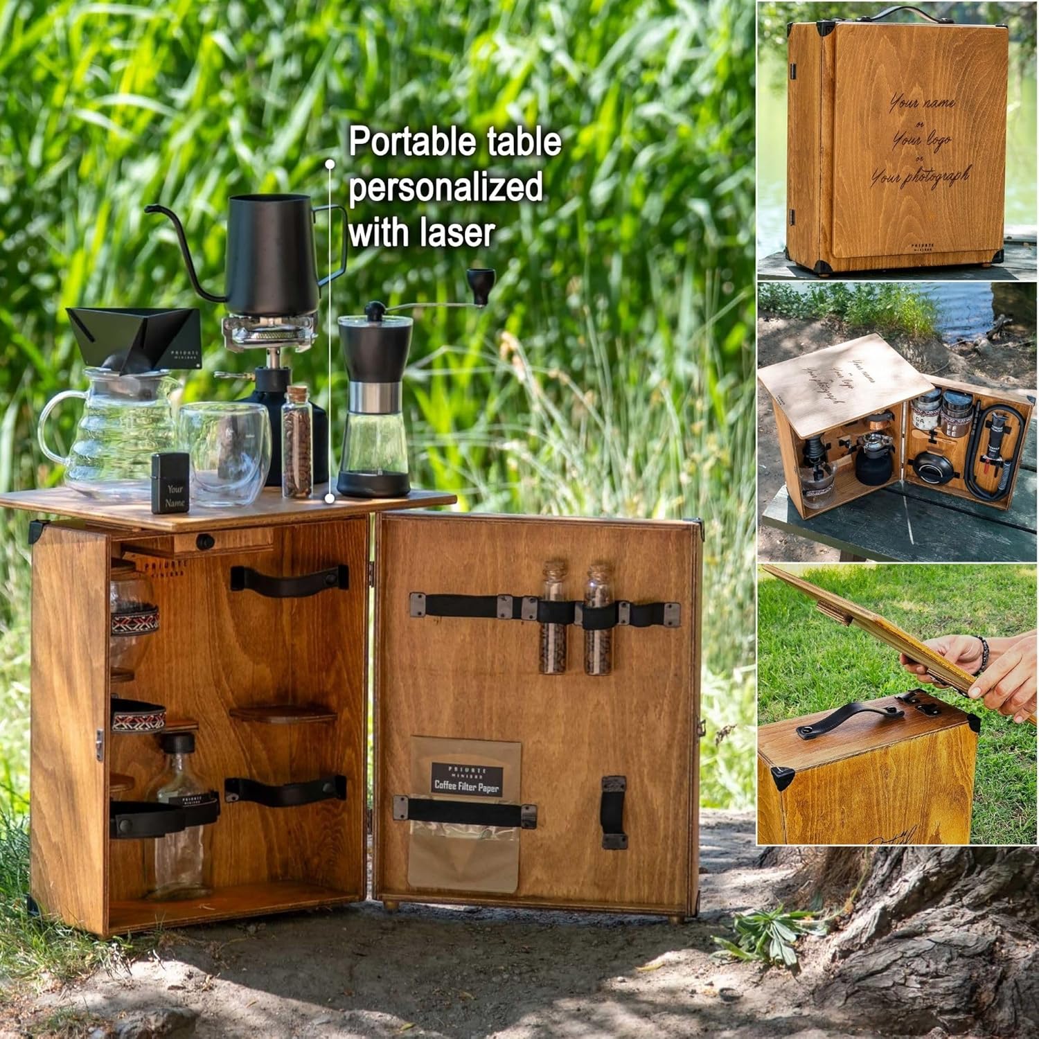 Custom Engraved Coffee Brewing Set, Handmade Wooden Cabinet, with Pour Over Stand, Travel Friendly Kit, for Coffee Lovers