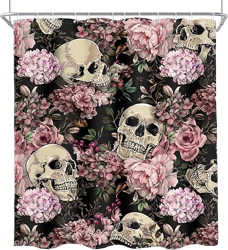 Miniatura 8 de AMBZEK Cortina de ducha con diseño floral rosa de calavera de azúcar, 60 pulgadas de ancho x 72 pulgadas de largo, diseño de esqueleto,