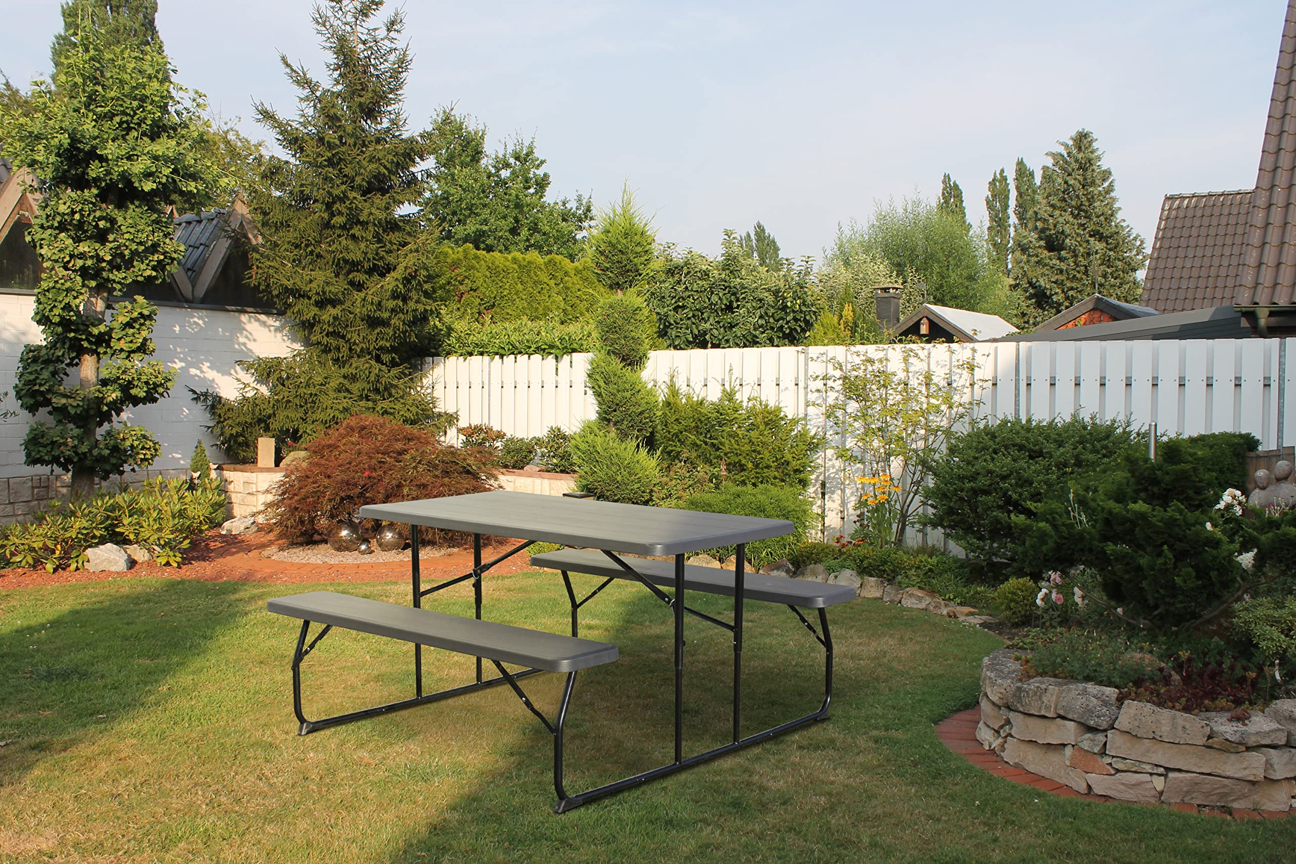 Dynamic24 Bierzeltgarnitur Set Tisch 2 x Bank für drinnen draußen klappbar Kunststoff Holzoptik Gartengarnitur Klapptisch Gartentisch Campingtisch Bierbänke Gartenmöbel Sitzgruppe Möbel Sitzgarnitur