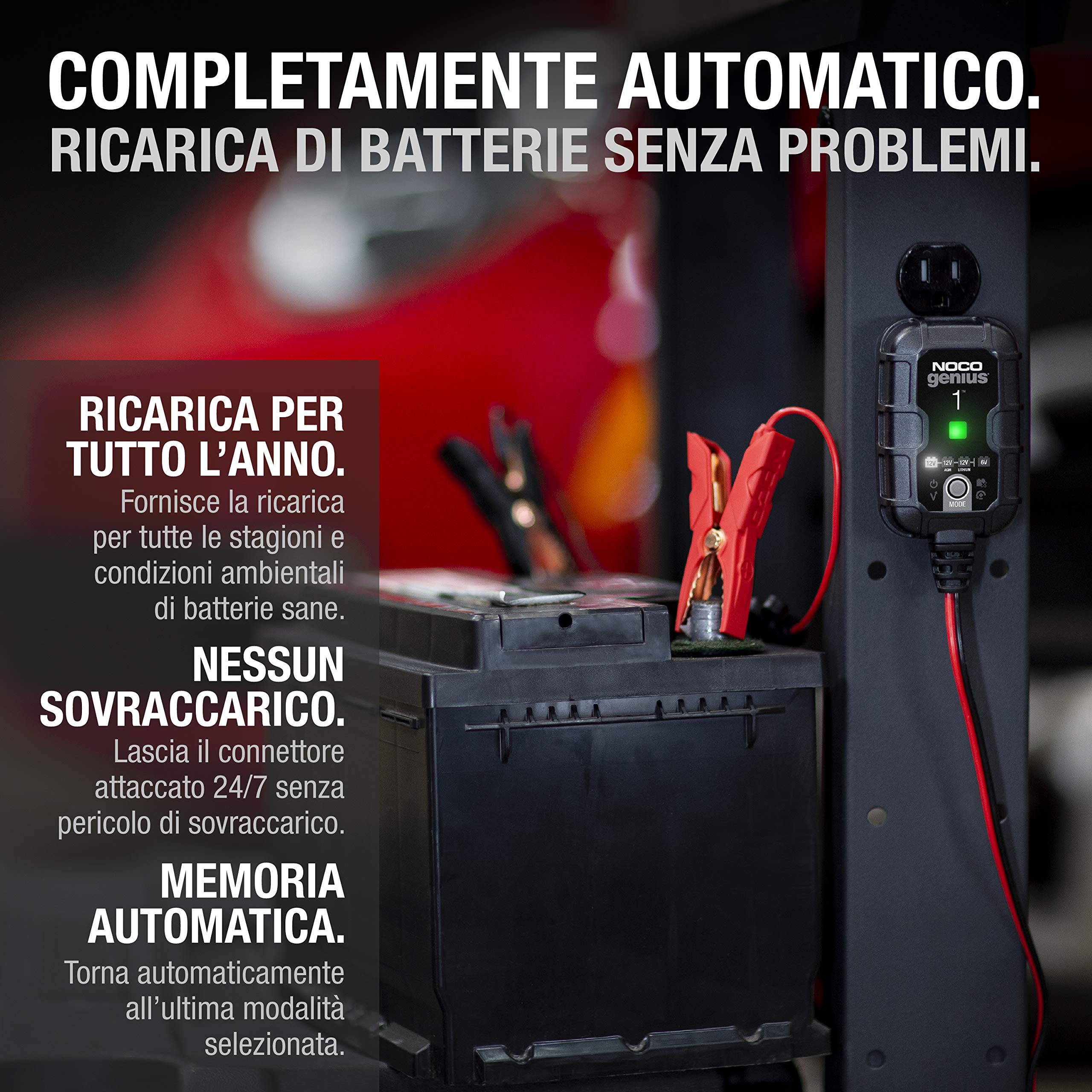 NOCO GENIUS1: Caricabatterie Intelligente 1A 6V/12V – Mantenitore di Carica e Desolfatatore con Protezione da Sovraccarico e Compensazione Termica – Per Batterie al Piombo e Litio