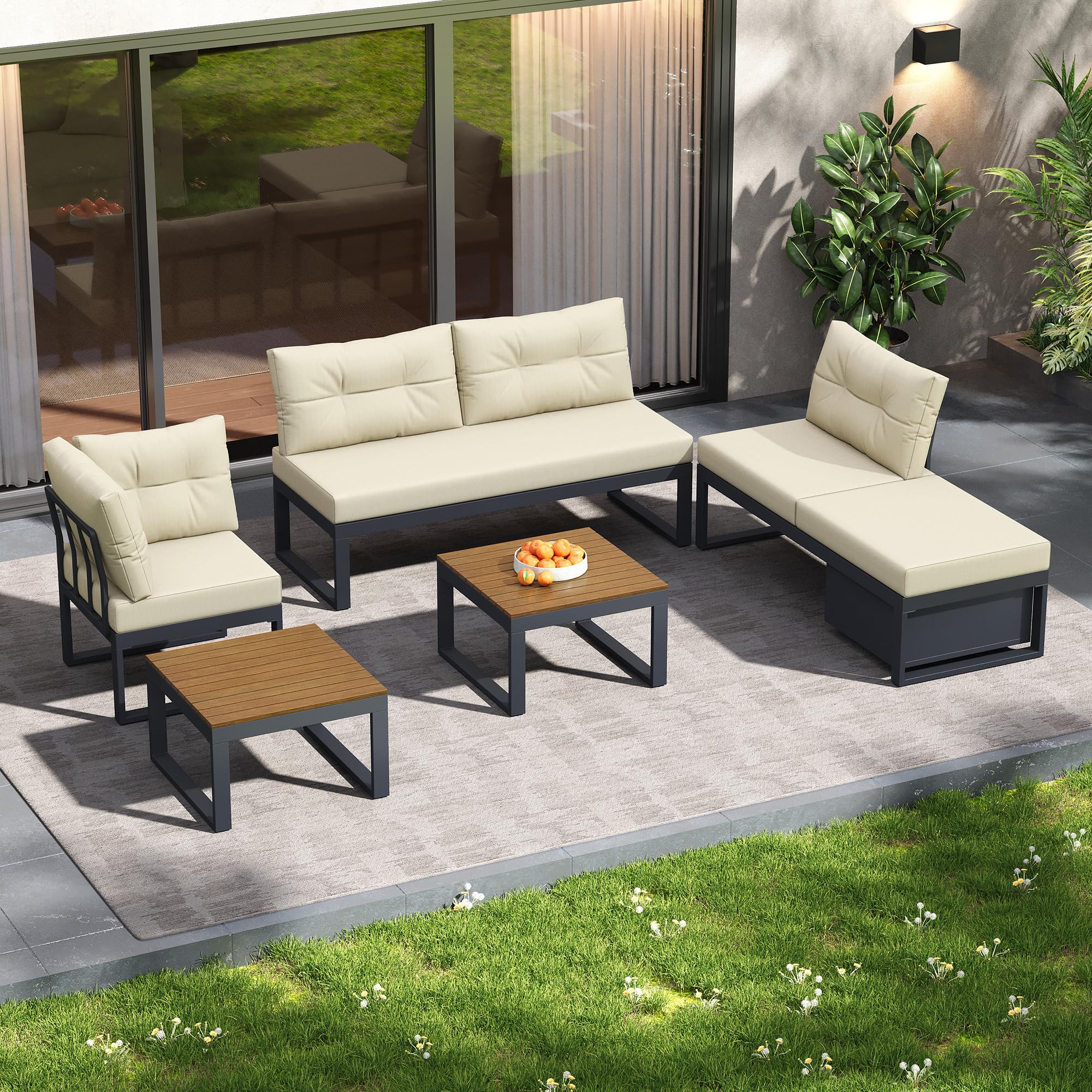 Ensemble de Meubles de Jardin Modulable avec Dossier Réglable 3 Positions, Fonction Relax, Rangement Intégré, Housse Polyester Résistant aux Intempéries - pour Terrasse, Balcon et Jardin
