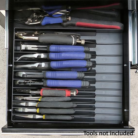 Tool Sorter Pliers Organizer Tray (Black) Holds 11 Hand Tools | Made in USA Slim Toolbox Drawer Sorter | Vertical Rack & Holder for Pliers, Wrenches, Chisels, Files | 13 x 10 x 1.25 Inches
