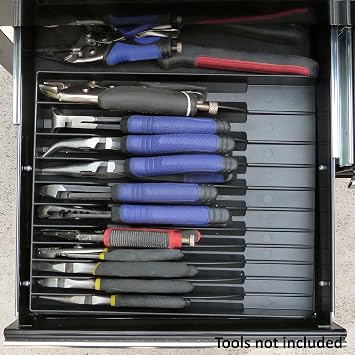 Tool Sorter Pliers Organizer Tray (Black) Holds 11 Hand Tools | Made in USA Slim Toolbox Drawer Sorter | Vertical Rack & Holder for Pliers, Wrenches, Chisels, Files | 13 x 10 x 1.25 Inches