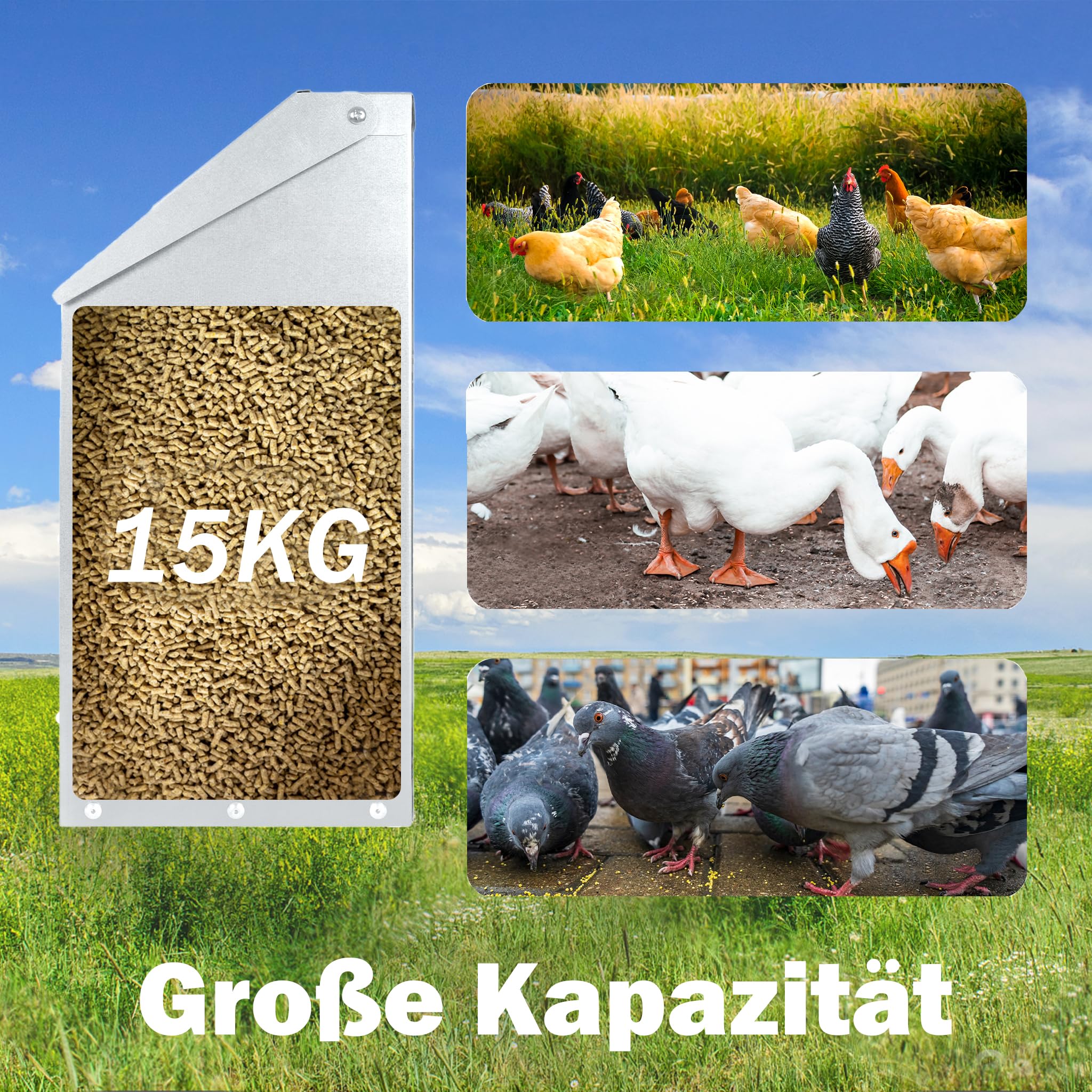 JNGLGO Futterautomat Hühner 15kg Aufhängbar Futterspender mit Handschuhen und Futterschaufel Verzinkter Stahl Futtertrog für Geflügel, HüHner, Enten, Gänse 41.5x16x33.5cm Wasserdichter