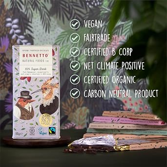 Bennetto 82% Super Dark. Exceptionally dark organic chocolate with 82% cocoa. Certified organic, Fairtrade, and net climate positive. 6 x 80g Bars.