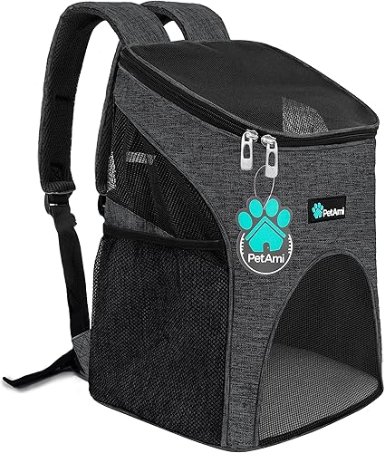 PetAmi Mochila para perros pequeños y gatos, aprobada por aerolíneas, ventilada, correa de seguridad, soporte de hebilla diseñada para senderismo,