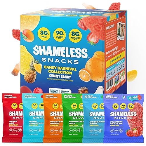 Shameless Snacks Candy Carnival - Healthy Low Sugar Snacks with Pineapple, Mango, Orange, Strawberry & Cola Gummies - Vegan, Gluten-Free, Low-Calorie Candy Variety Pack