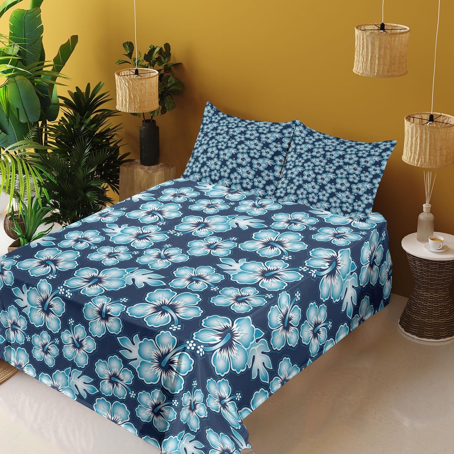 Ambesonne Aloha Sheet Set, Hibiscus Hawaiian Tropical Island Flowers Petals and Buds Leaves Art Print, Fitted and Flat Sheet with Pillowcase Bedding Accent 4 Piece Set, Full, Dark Blue Sky Blue