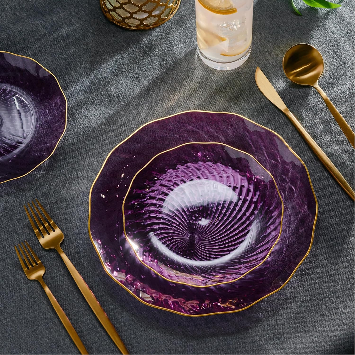 PLASTICPRO 120 Pack Plastic Plates Set of 60-10 inch Plates and 60-7 inch Plates, Elegant Clear Purple Spiral and Gold Rim Disposable Fancy Plates Premium Heavyweight