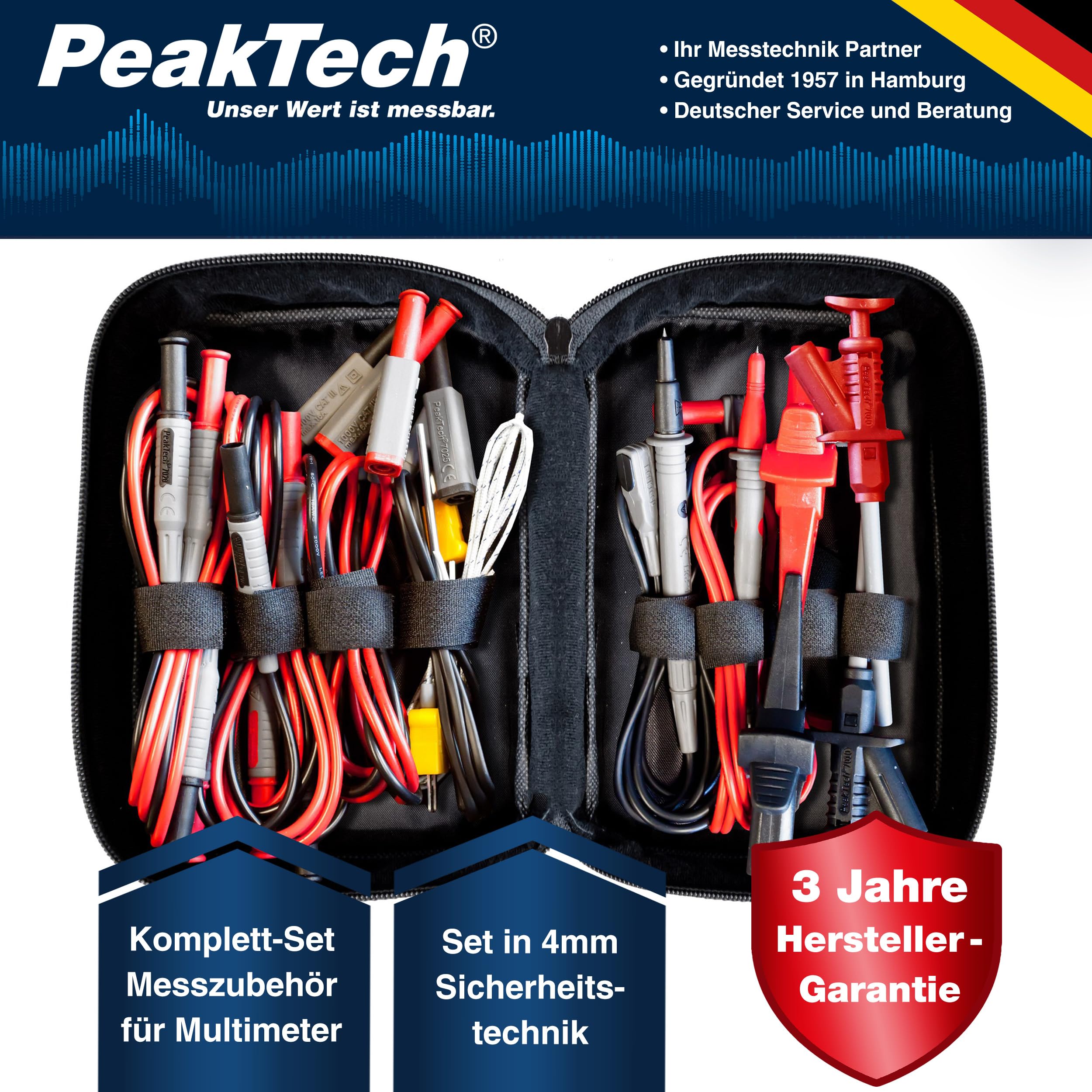 Peak Tech P 8200 – Messzubehör Set für DigitalMultimeter - Messspitzen & Krokodilklemmen mit Kabel, Messleitungen für Multimeter
