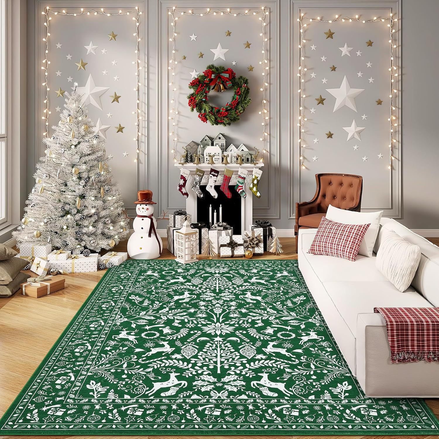 COZYLOOM Christmas Green Rug 4x6 Ultra-Soft Low Pile Throw Carpet, Non Slip Non Shed Winter Holiday Floor Mats, Easy Cleaning Decorative Accent Rug for Bedroom, Living Room, Playroom
