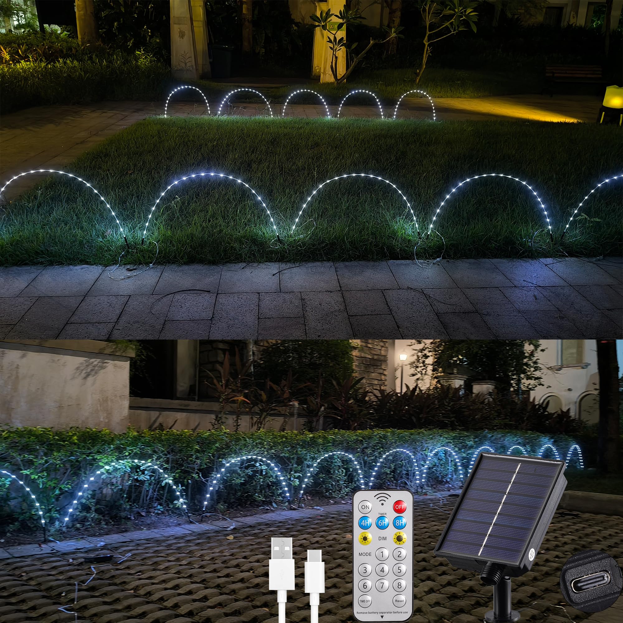 Tacobey Luces Navidad Exterior Solares, 5 Piezas Luces de Tubo Conectable, 120 LED Luces Jardin con Control remoto, 8 Modos, Impermeable, para Patio, Caminos, Suelo, Césped Decoración (Blanco Frio)