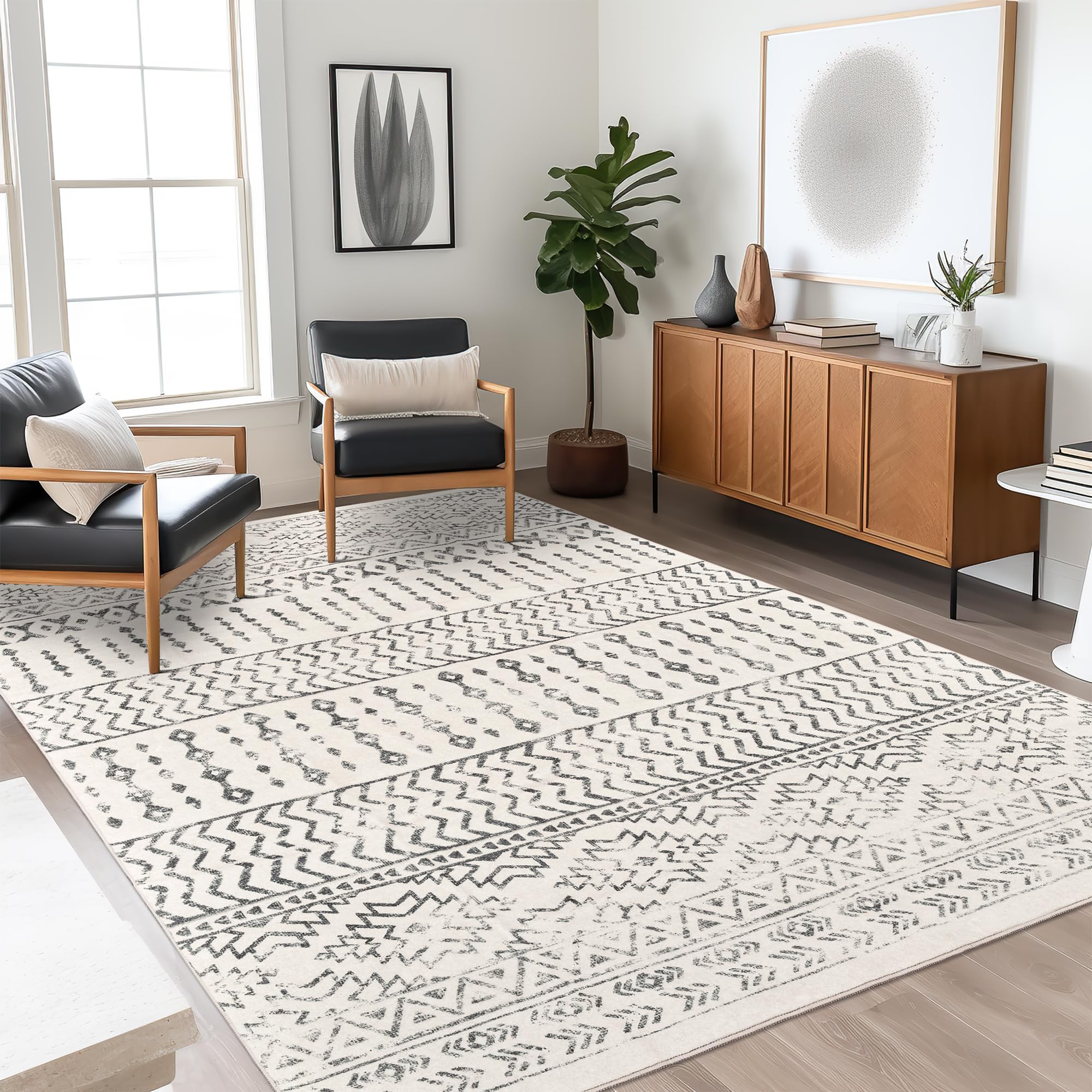 Art&Tuft 4x6 Rug, Super Soft Ultra-Thin Moroccan Washable Rug, Anti-Slip Backing Rugs for Living Room, Foldable Geometric Machine Washable Area Rug(4'