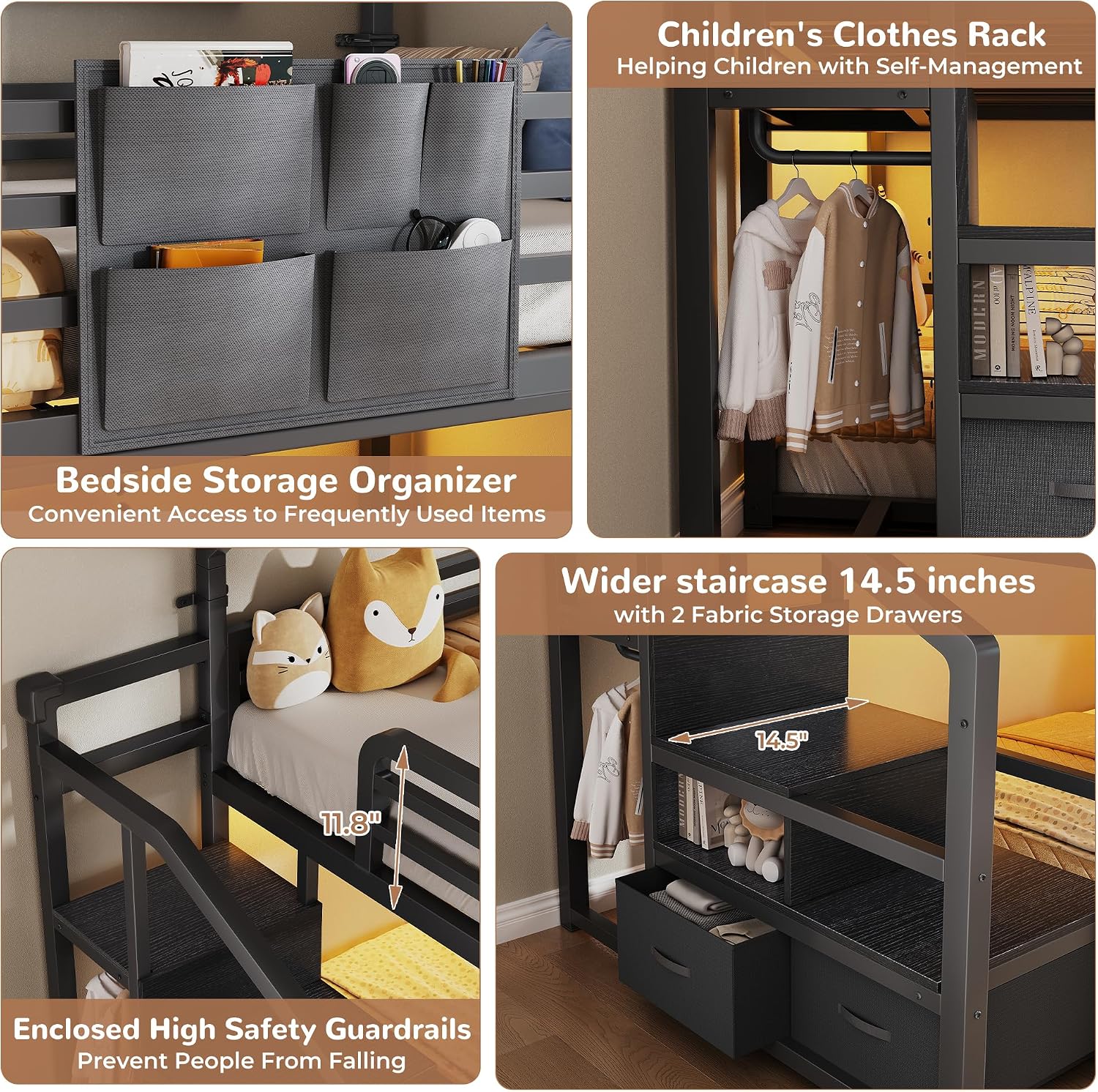 Jocoevol Metal Bunk Bed Twin Over Twin with Storage Staircase, Clothes Rack, LED Twin Bunk Beds for Kids with 2 Storage Drawers, Full-Length Guardrail, No Box Spring Needed, Easy Assembly, Black