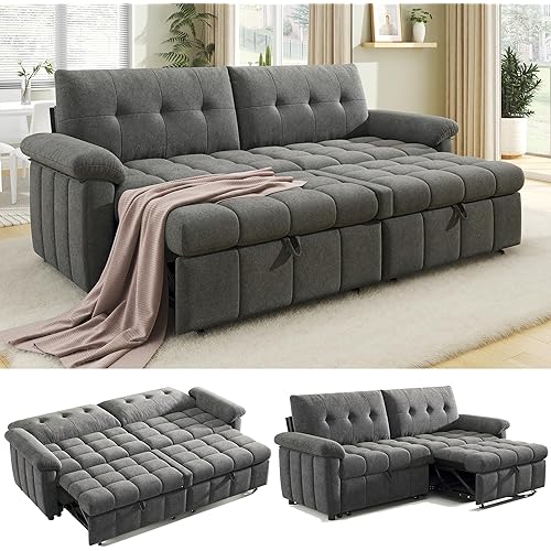 Jocisland 93” Convertible Sofa Bed with Pull-Out Sleeper, 4-in-1 Couch with 5-Position Backrest, Tufted Chenille, Easy 10-Min Assembly, Modern Couch for Living Room & Guests – Gray