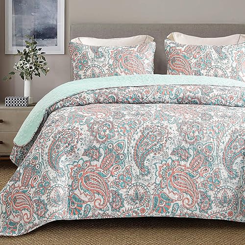 Exclusivo Mezcla Reversible Boho Quilts Queen Size, Aqua Soft Bedspreads Lightweight Coverlet All Season Paisley Quilt Bedding Set with Printed Floral Pattern (1 Quilt, 2 Pillow Shams)