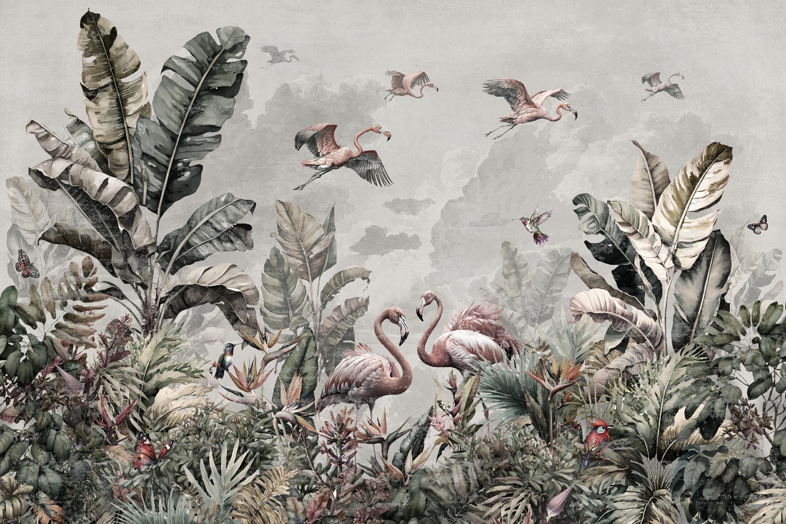 Muralo Papel Pintado en TNT 3D, Jungla con Flamencos - 225x150 cm