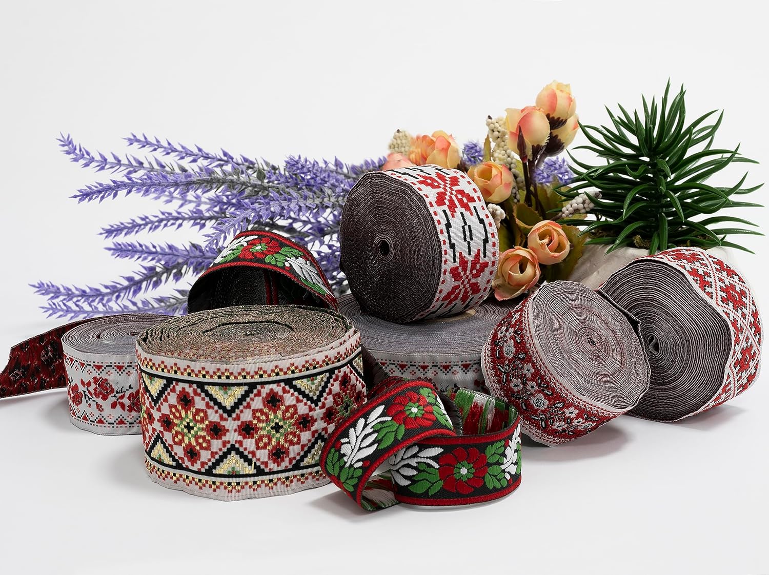 AERZETIX - C67791 - Ribbon Tape 4.5 m x 30 mm "Red Flower Pattern" - Clothing Haberdashery Creative Customisation Decoration Sewing Ornament - Multicoloured