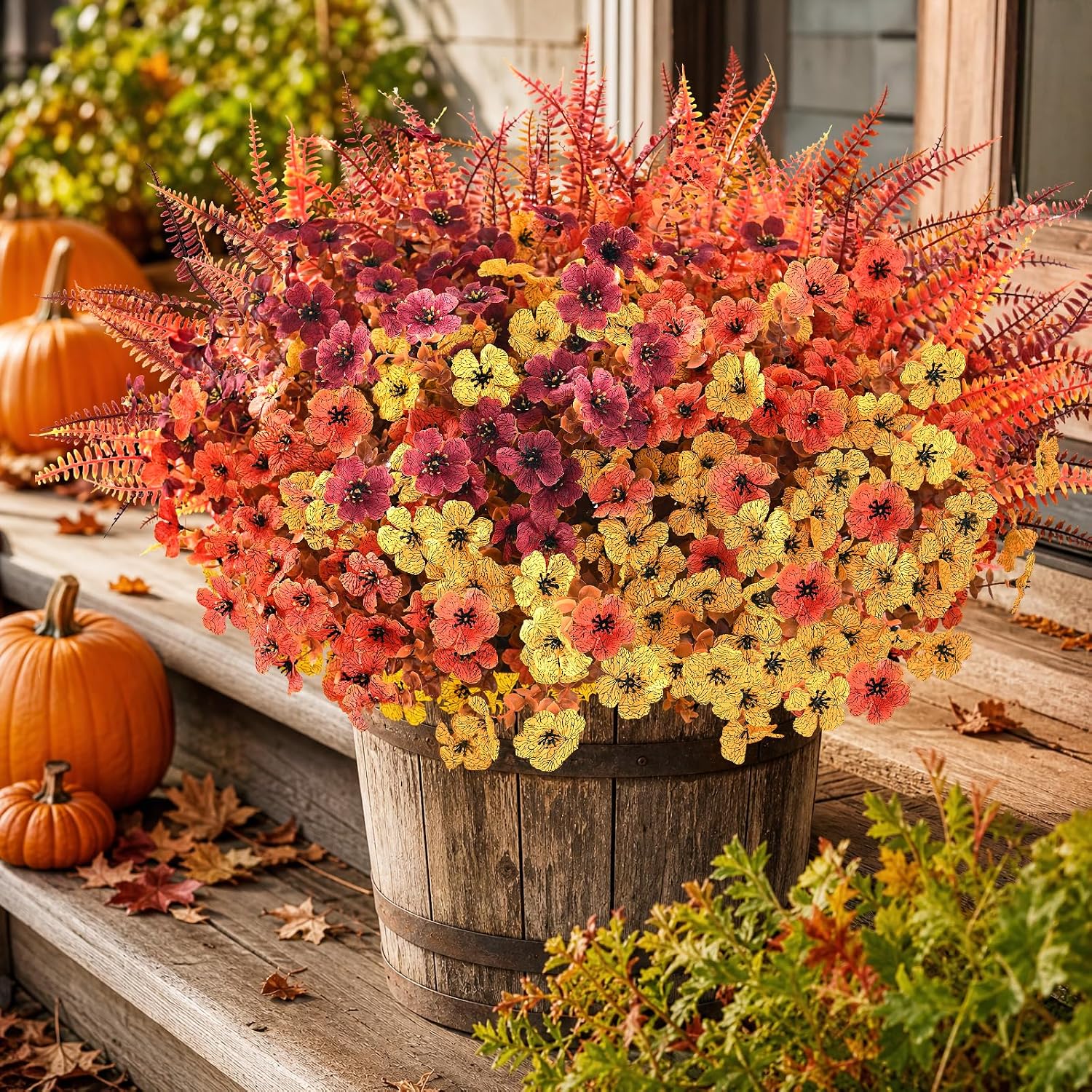 Artificial Fall Flowers for Outdoors, Fall Flowers Decor, 15Pcs Fake Mums | UV Resistant, Realistic Faux Mums and No Fade Ferns Indoor Outdoor Planters Home Garden Yard Porch Fall Decorations for Home