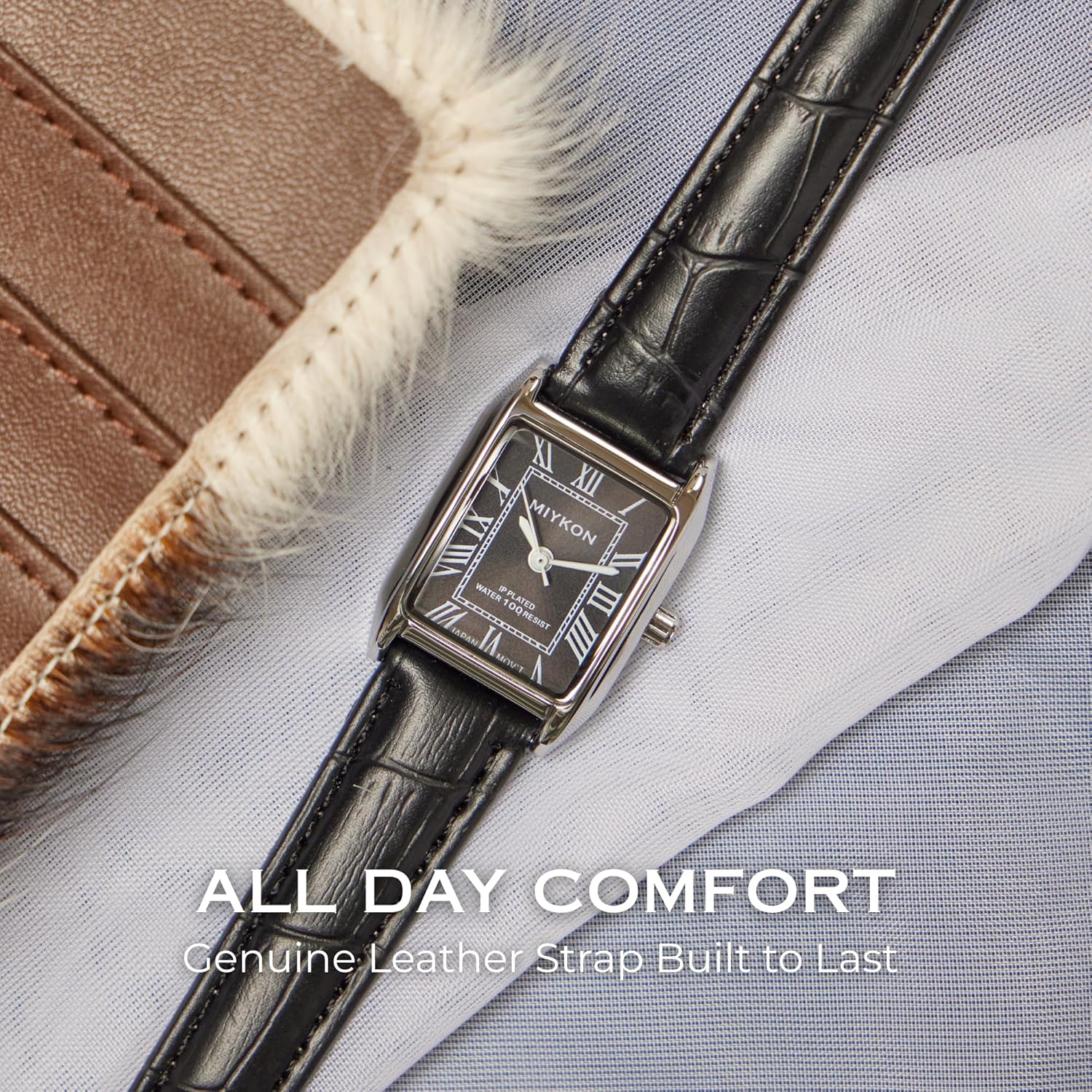 Miykon Dainty Vintage Tank Square Dress Watches for Women – Genuine Leather Band, Second Hand, Japanese Quartz, Water Resistant - Image 5