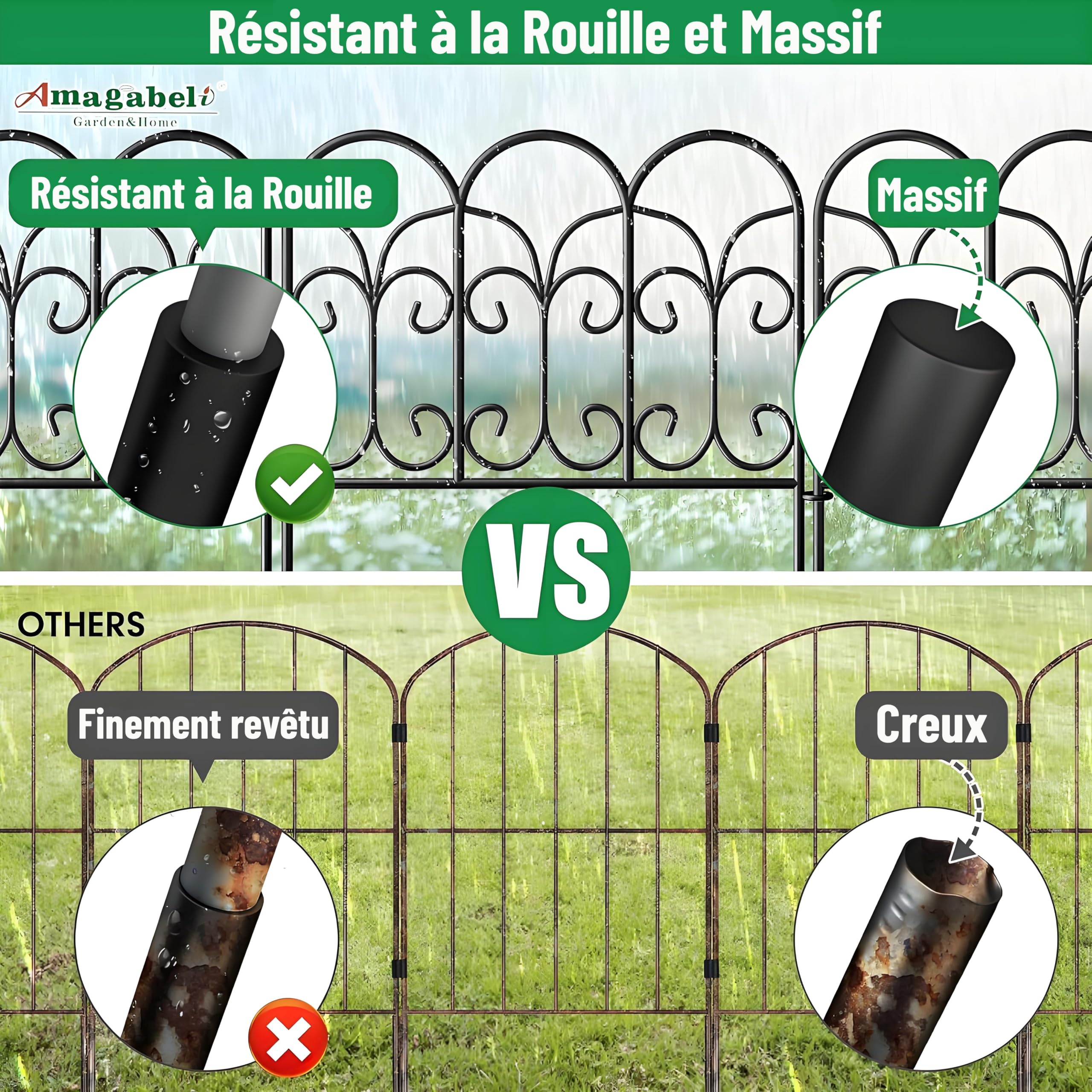 Amagabeli Clôture de Jardin en Métal 46cm(H) x 46cm(L) (5 Panneaux, Longueur Totale 2.3m) Creusage Barrière pour Animaux Clôture Métallique Décorative pour Chien Cour Terrasse Extérieur Noir