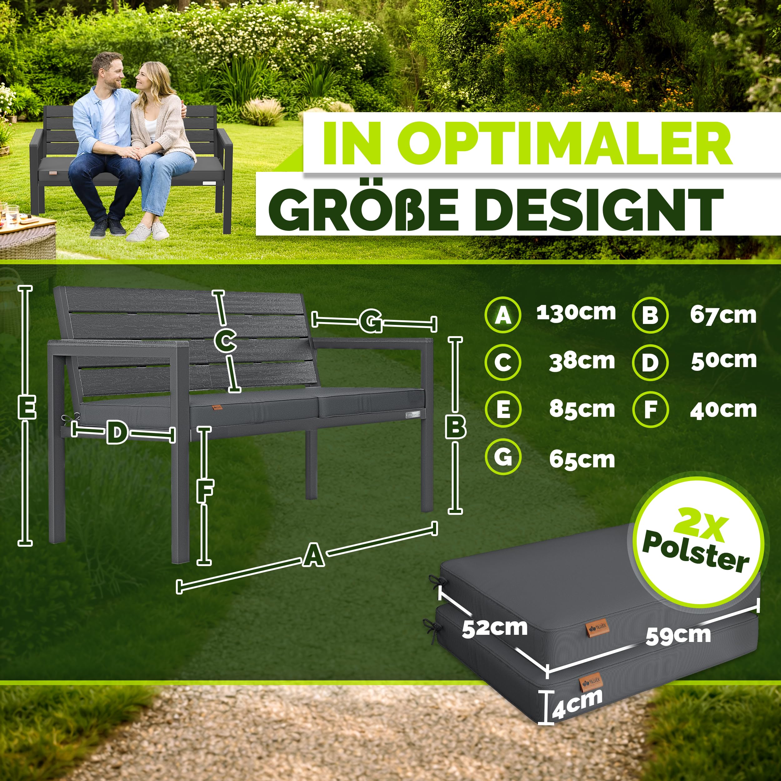 tillvex® Gartenbank Wetterfest 2-3 Sitzer mit Abdeckung & Kissen | Parkbank in Holzoptik bis 300kg belastbar UV-beständig | Sitzbank Garten Terrasse Balkon mit waschbarem Bezug