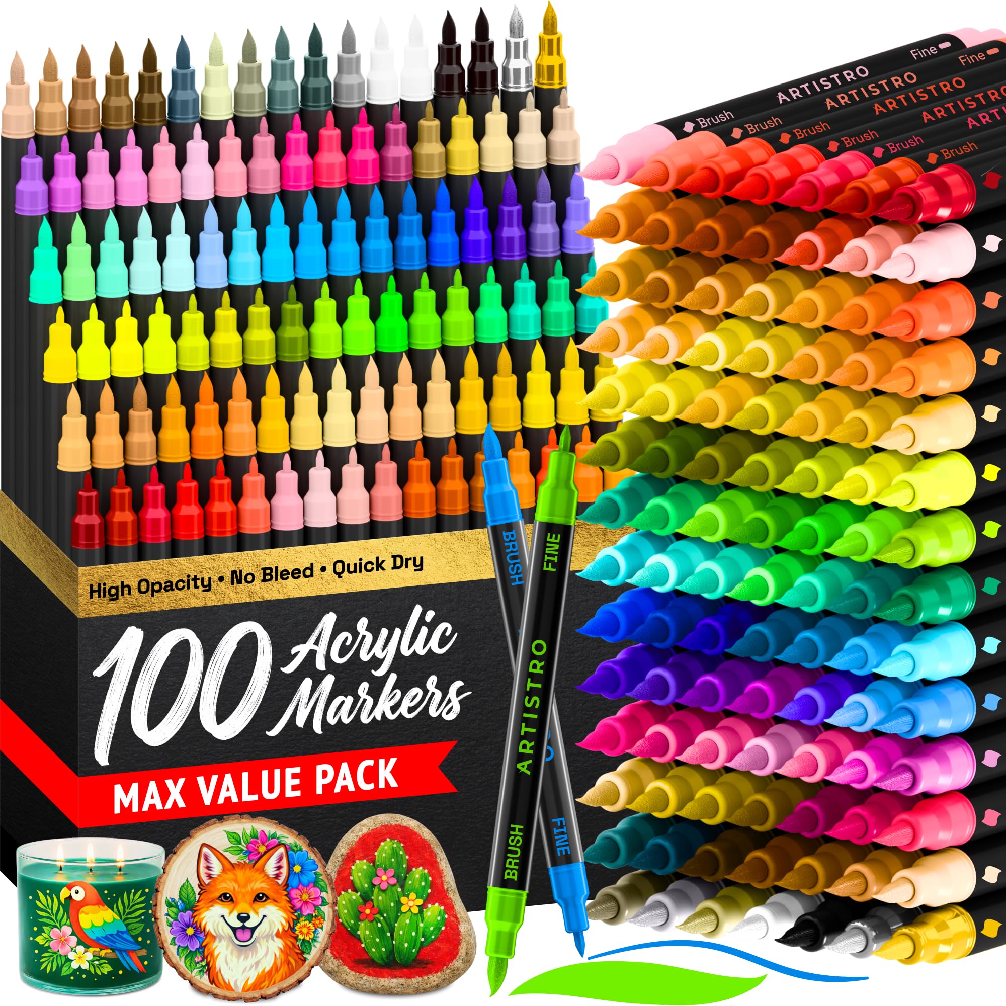 ARTISTRO 100 Dual Tip Acrylic Paint Markers, Paint Pens, Drawing Markers for Textile, Rock, Glass, Wood, Paper, Ceramic, Canvas, DIY - Art Supplies Kit for Kids and Adults (Brush + Fine)