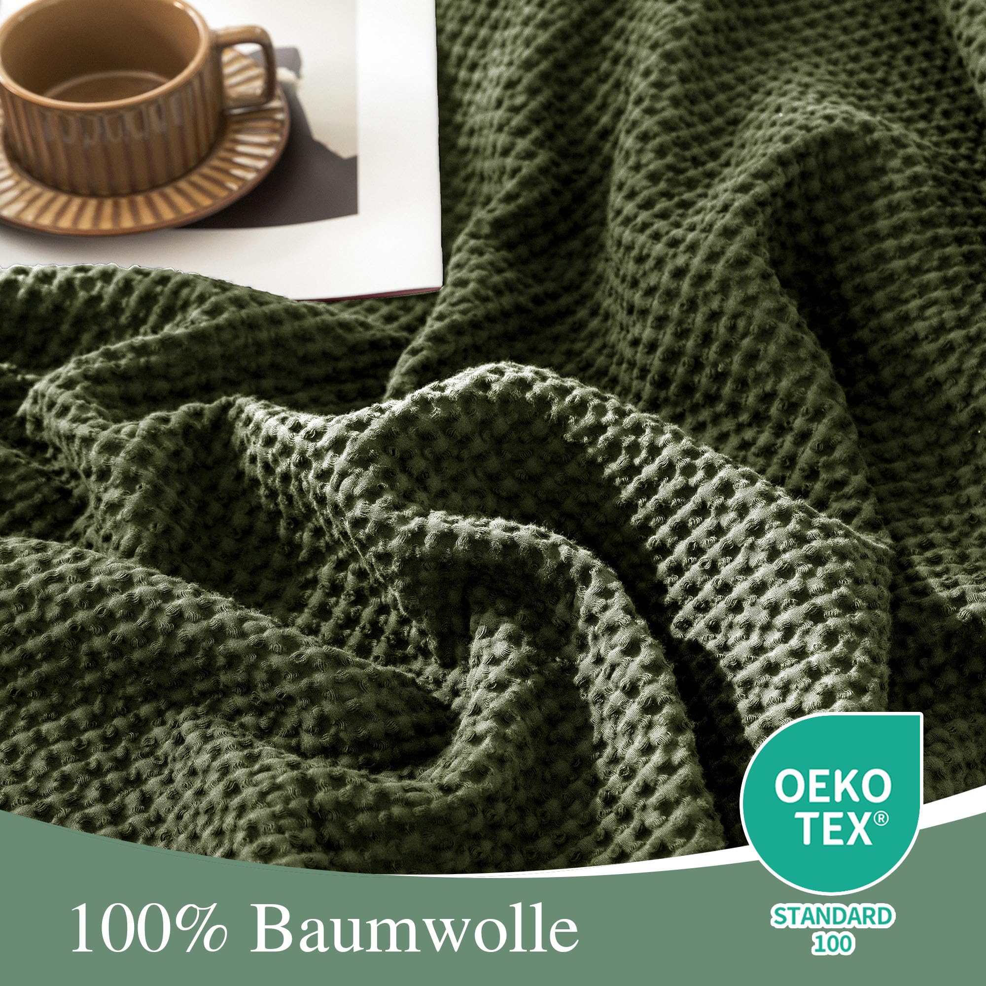 CHUFFED 100% Cotone Coperta 220 x 240 cm, Morbida e Traspirante Trapunta, Motivo a Gabbia Leggera come Coperta per Divano, Morbida e Soffice Coperta per il Soggiorno, Divano o Poltrona Verde Oliva