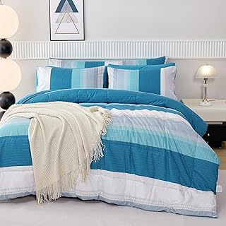RYNGHIPY 8 Pieces Teal Grey Full Bed Comforter Sets, Soft All Season Boys Men Women Comforter Bedding Set, Turquoise Stripe Colorblock Bed in a Bag Lightweight Fluffy (Full,Teal Grey)