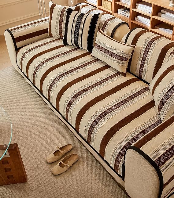 Striped Jacquard Sofa Cover Boho Chenille Sectional Couch Covers Modern Fashion Sofa Slipcover Washable Furniture Protector Anti-Slip Balcony Blanket For Dogs Cats Pet(Coffee,110 * 180cm)