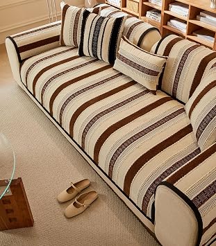 Striped Jacquard Sofa Cover Boho Chenille Sectional Couch Covers Modern Fashion Sofa Slipcover Washable Furniture Protector Anti-Slip Balcony Blanket For Dogs Cats Pet(Coffee,110 * 180cm)