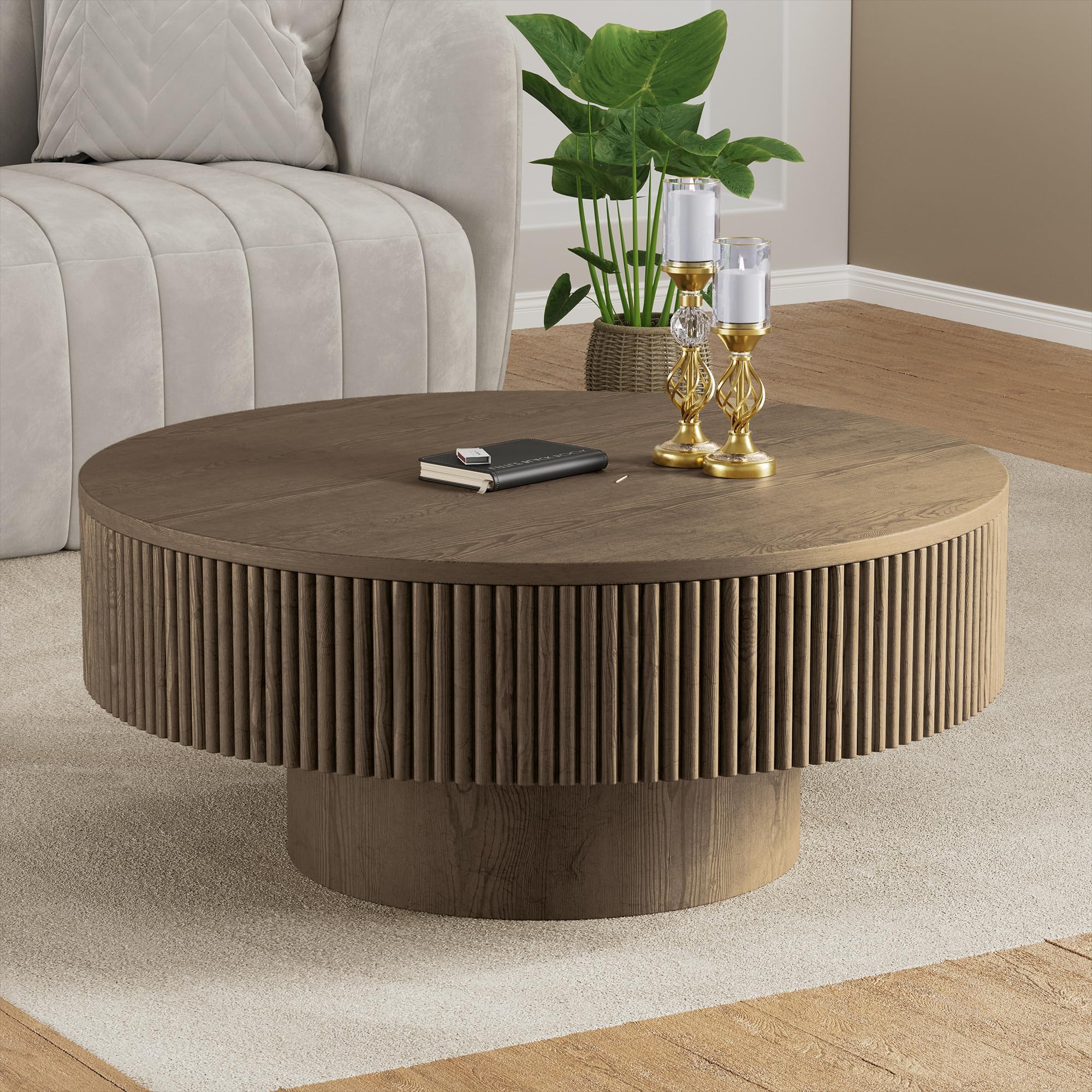 YOUDENOVA 31.5” Round Fluted Coffee Table, Modern Wood Circle Coffee Table, Veneer Handcrafted Relief Tea Table with Sturdy Pedestal for Living Room - Brown