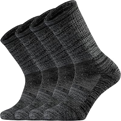 Ortis Men's Merino Wool Moisture Wicking Light Weight Breathable Cozy Outdoor Hiking Hike Cushion Crew Socks 4 Pack
