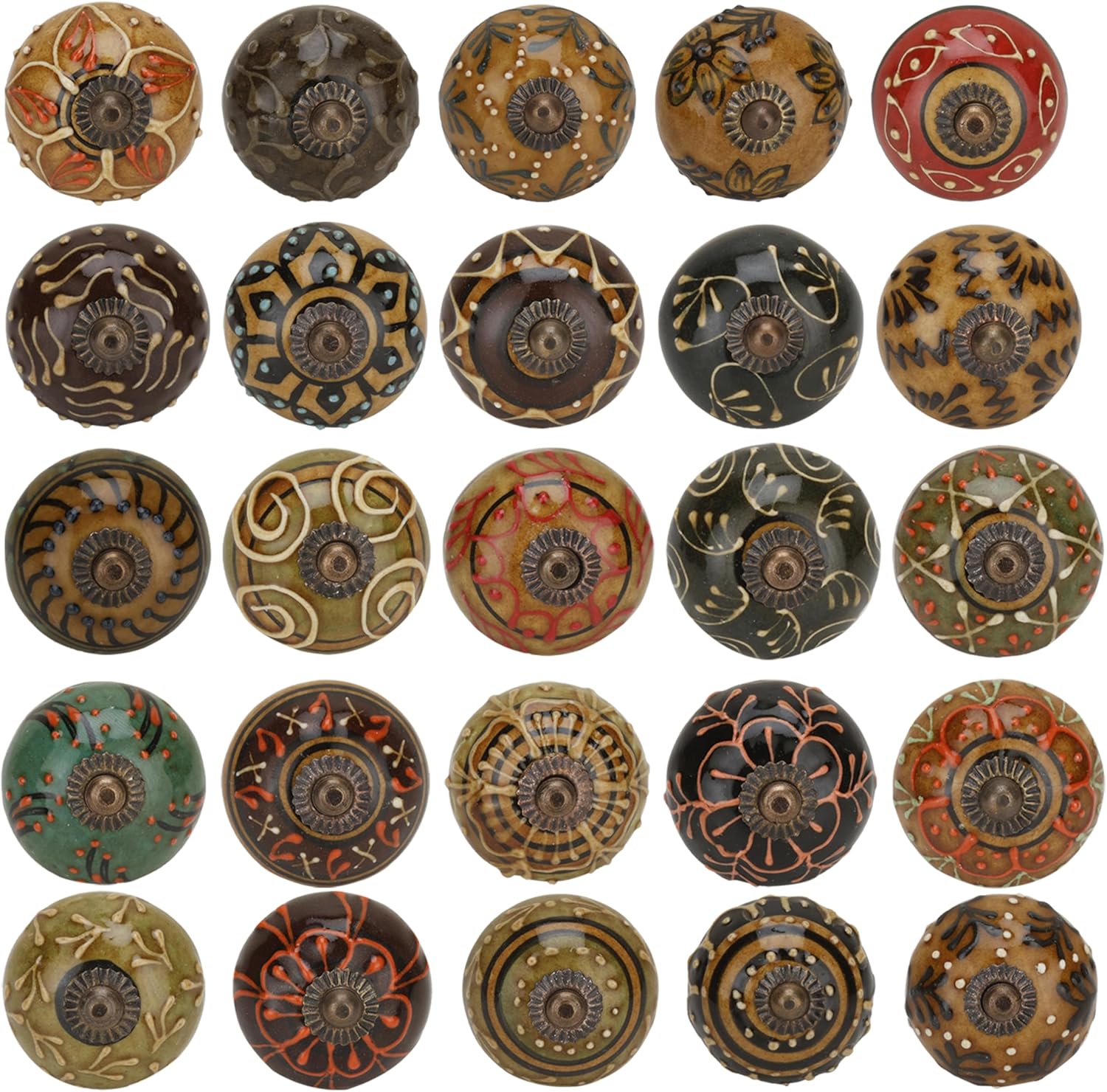 Dresser Knobs for Cabinets and Drawers Assorted, Dusty Ceramic Knob & Pull Handle for Kitchen Brown Cupboard Wardrobe Decorative Furniture Knobs - Pack of 25, (Dark Brown)