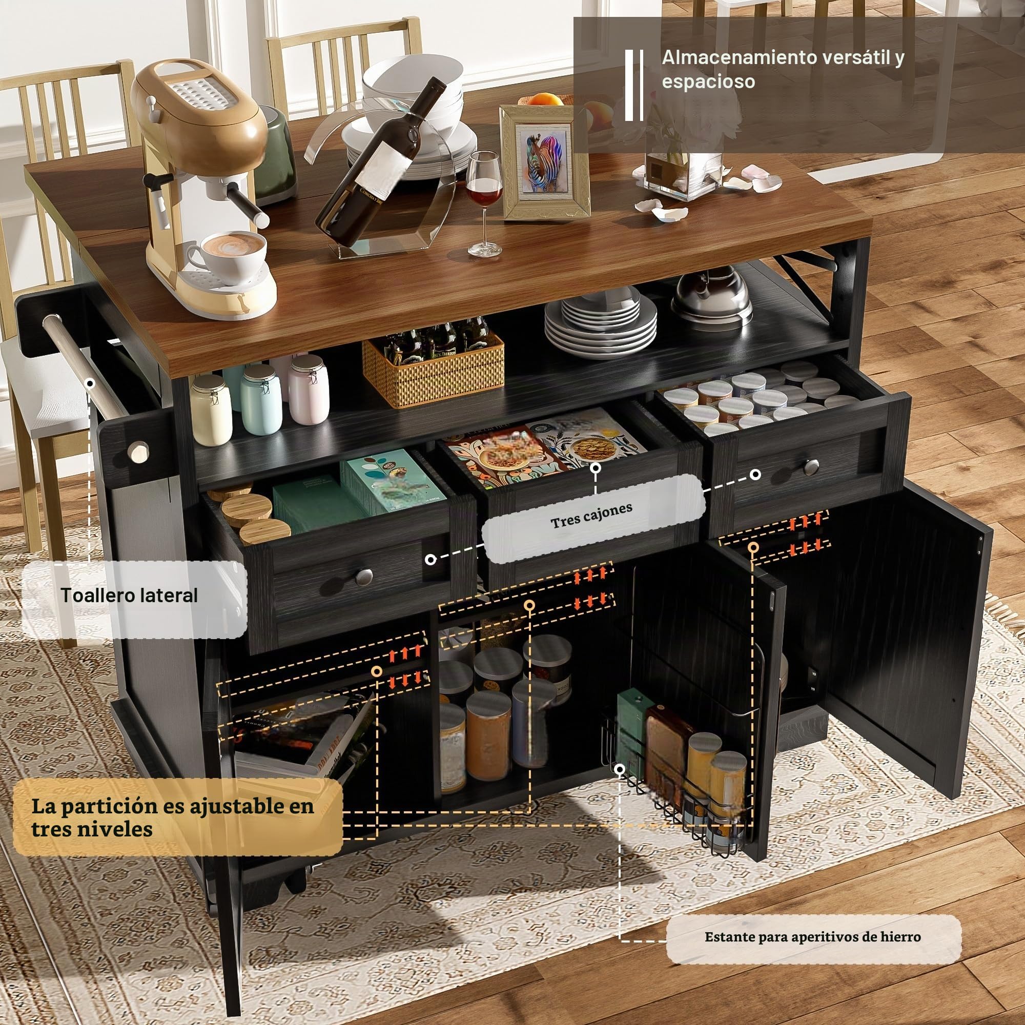 Isla Cocina con Ruedas y Tablero Plegable, Armario de Cocina con 3 Cajones y 3 Puertas, Mueble Auxiliar de Cocina con Toallero y Estante Ajustable, Kitchen Island, 118x43-70x98 cm, Negro