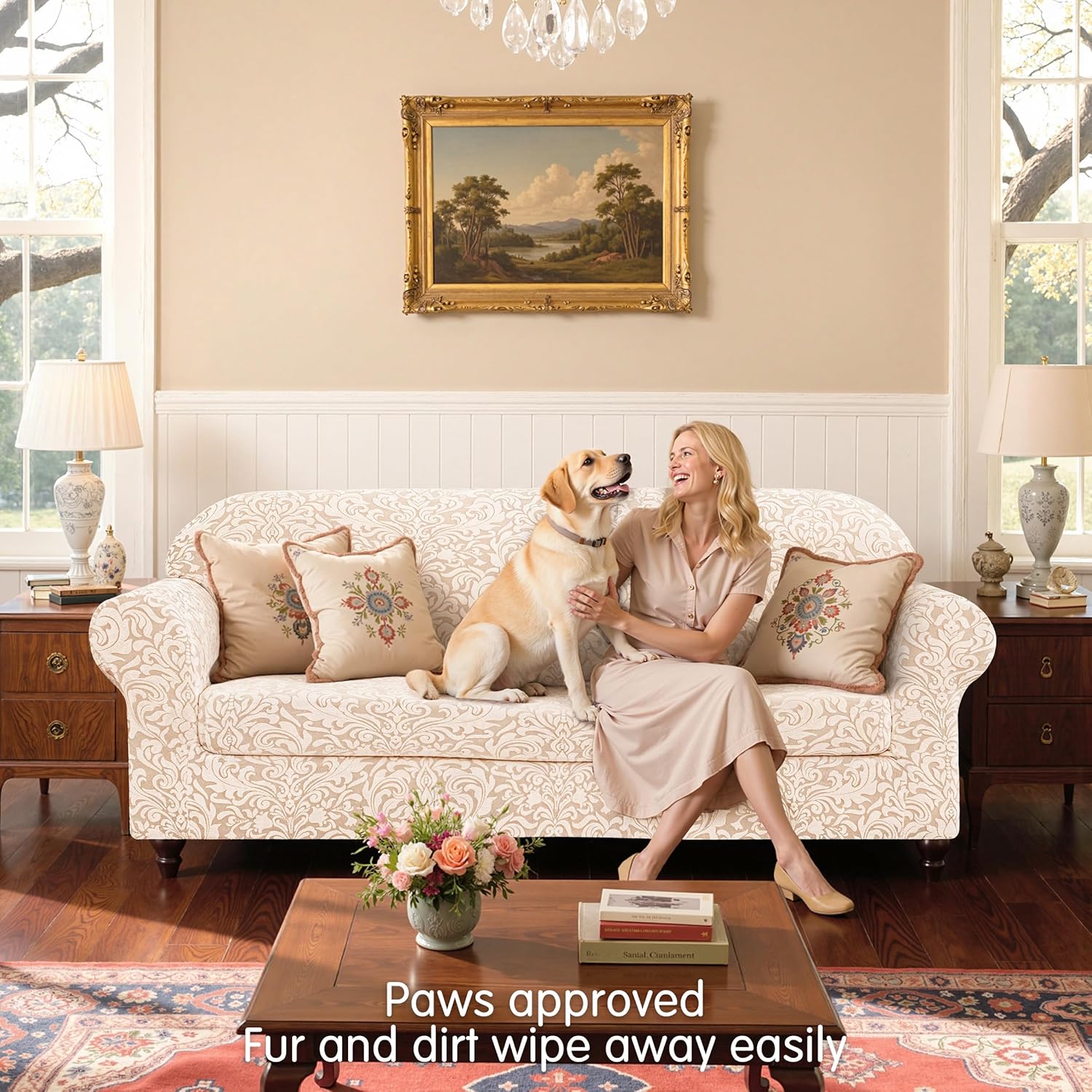 SUBRTEX 2 Piece Loveseat Covers, Jacquard Damask 2 Seater Couch Cover with Seat Cushion, Stretch Non Slip Furniture Protector for Dogs Pets (Medium, Khaki)
