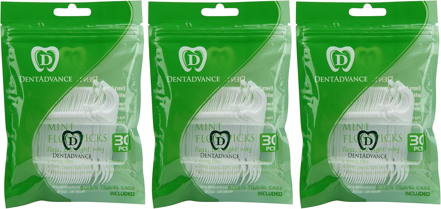 DentAdvance Mint Dental Floss Picks - Premium Angled, Easy Reach Back Teeth | Tooth Flossers | Mint Flavor, Waxed, 90 ct, w/ Travel Case : Health & Household