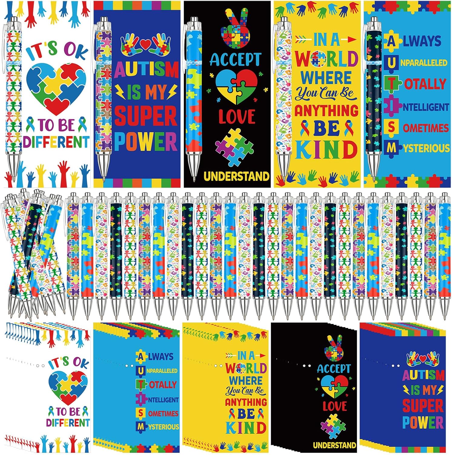 Jetec 50 Sets Autism Awareness Ballpoint Pens Click Retractable Gift Prizes with Bookmark Cards Bags Ties for Party Favors Office Teacher Exchange (Autism Awareness)