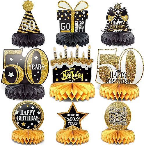 Decoración de centro de mesa de nido de abeja de 50 cumpleaños para niños y niñas, decoración para recuerdos de fiesta 9 piezas