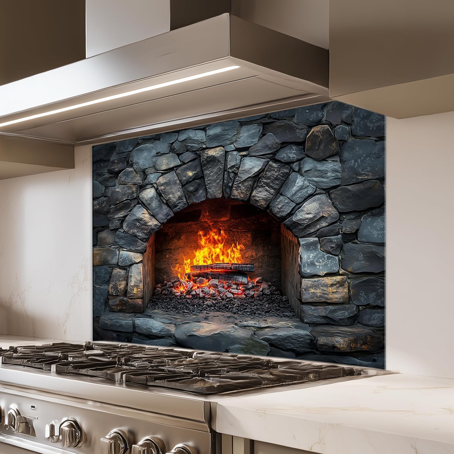 Tempered Glass Backsplash, Rustic Stone Fireplace Kitchen Backsplash Panel, Wood Fire Oven Style Stove Splashback, Decorative Stone Wall Glass Panel, Heat Resistant