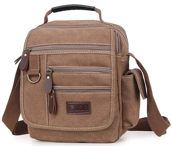 Sunsomen Mens bag Canvas Shoulder Bag Small Messenger Crossbody Bag Work Bag Vintage Multi-function - Coffee